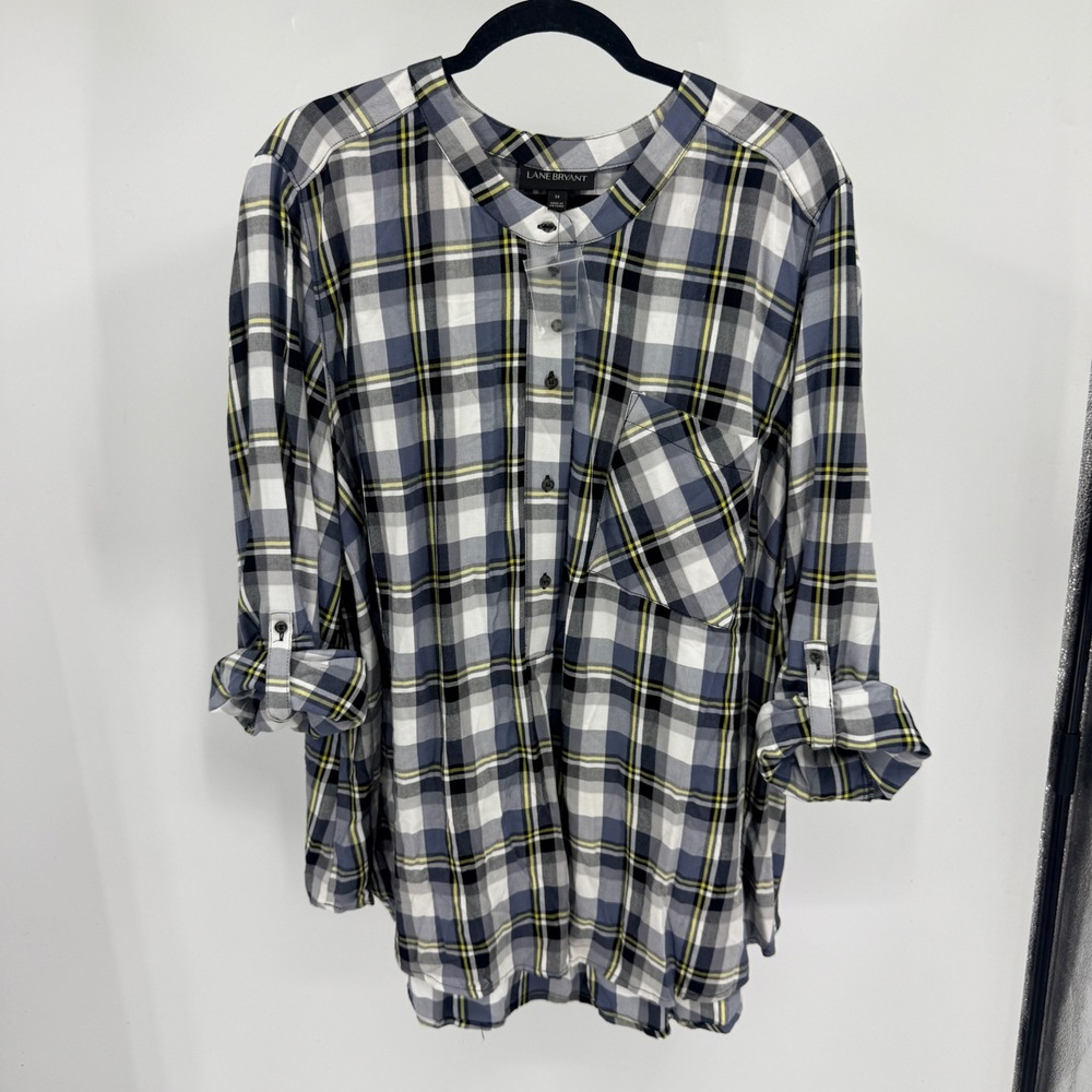 Lane Bryant Womens 24‎ Plaid Tunic Blouse Blue Gray Yellow Rayon Roll Tab Sleeve